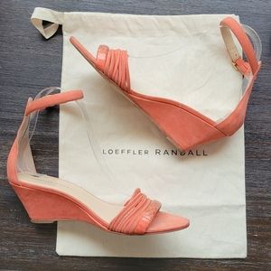 Loeffler Randall Addie demi wedge ankle strap sandal suede snake coral